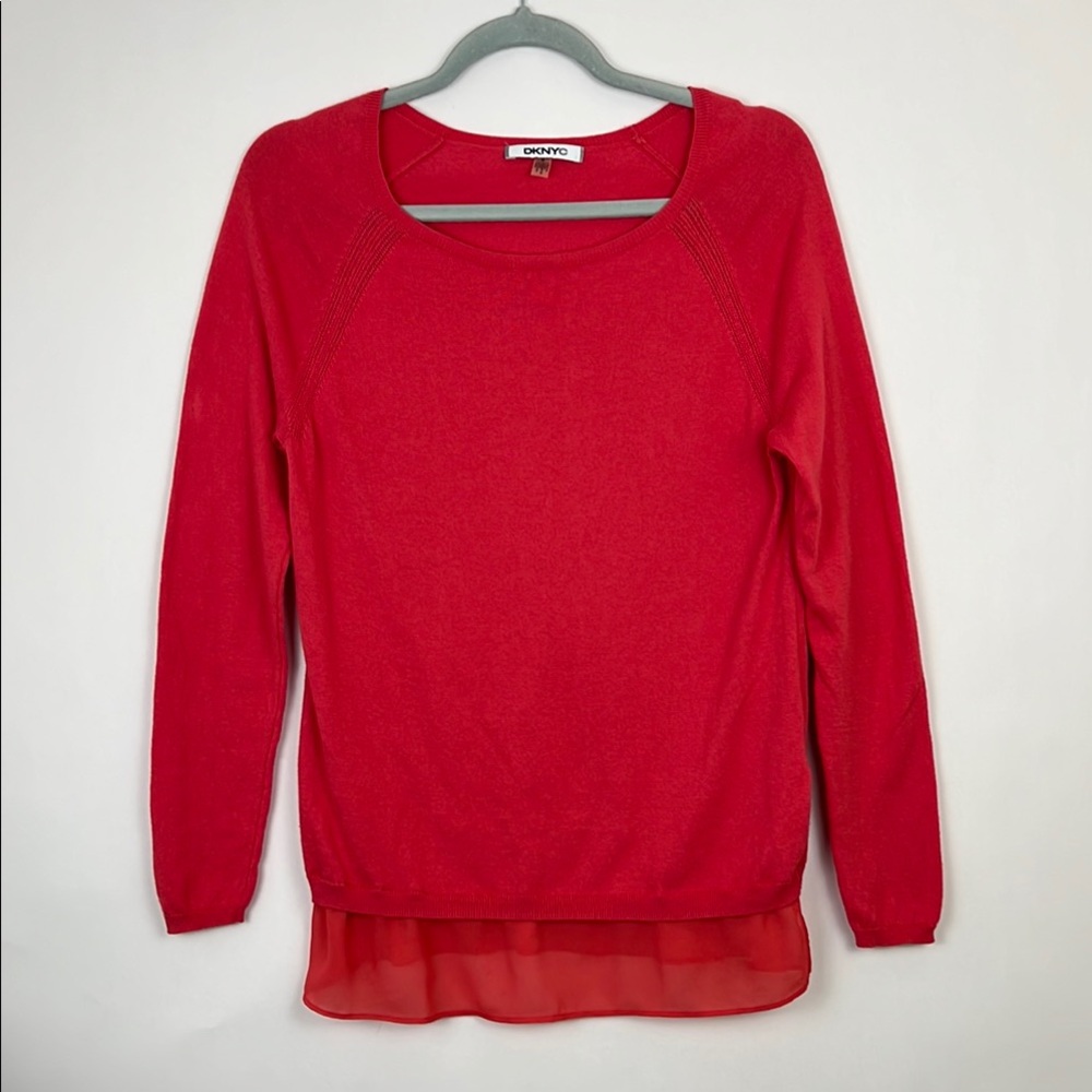 DKNYC blouse with layered hem in vibrant coral color M